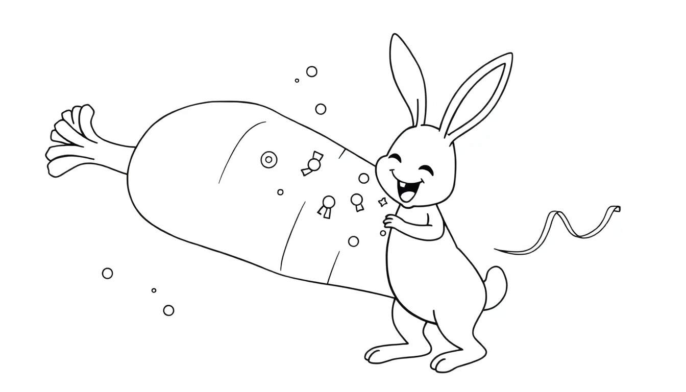Dessin au trait noir et blanc d'un lapin joyeux riant à côté d'une très grosse carotte décorée de bonbons, avec des bulles et une queue en ruban.