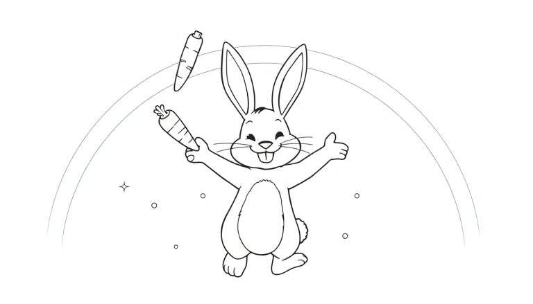 Dessin au trait d'un lapin joyeux jonglant avec deux carottes, avec un arc et des étoiles.