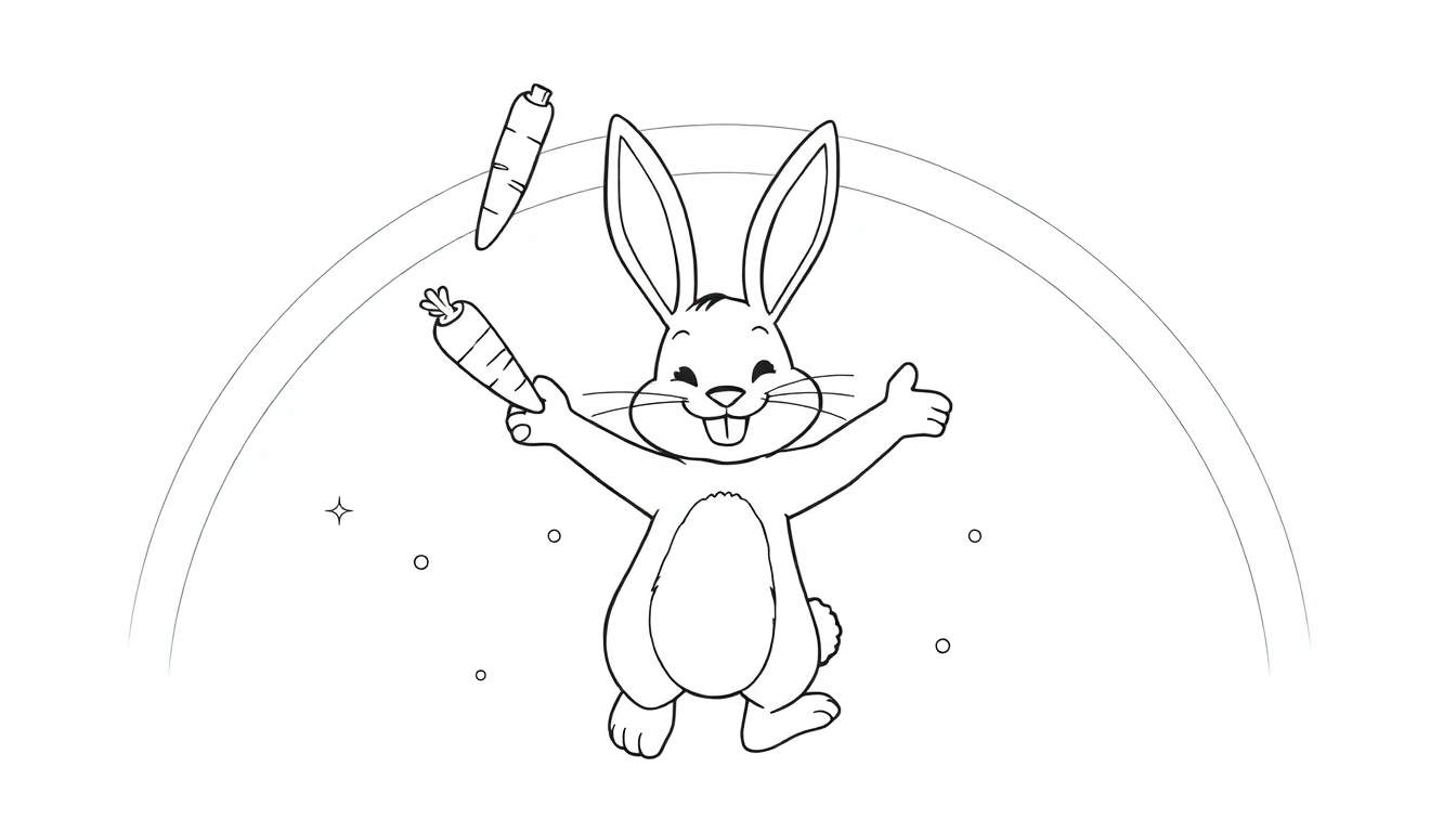Dessin au trait d'un lapin joyeux jonglant avec deux carottes, avec un arc et des étoiles.