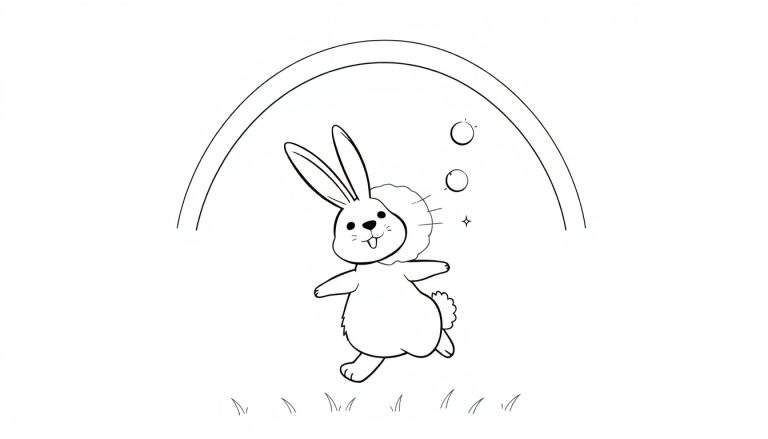 Dessin au trait d'un lapin de dessin animé joyeux sautant sous un arc-en-ciel, avec des cercles et des étoiles.