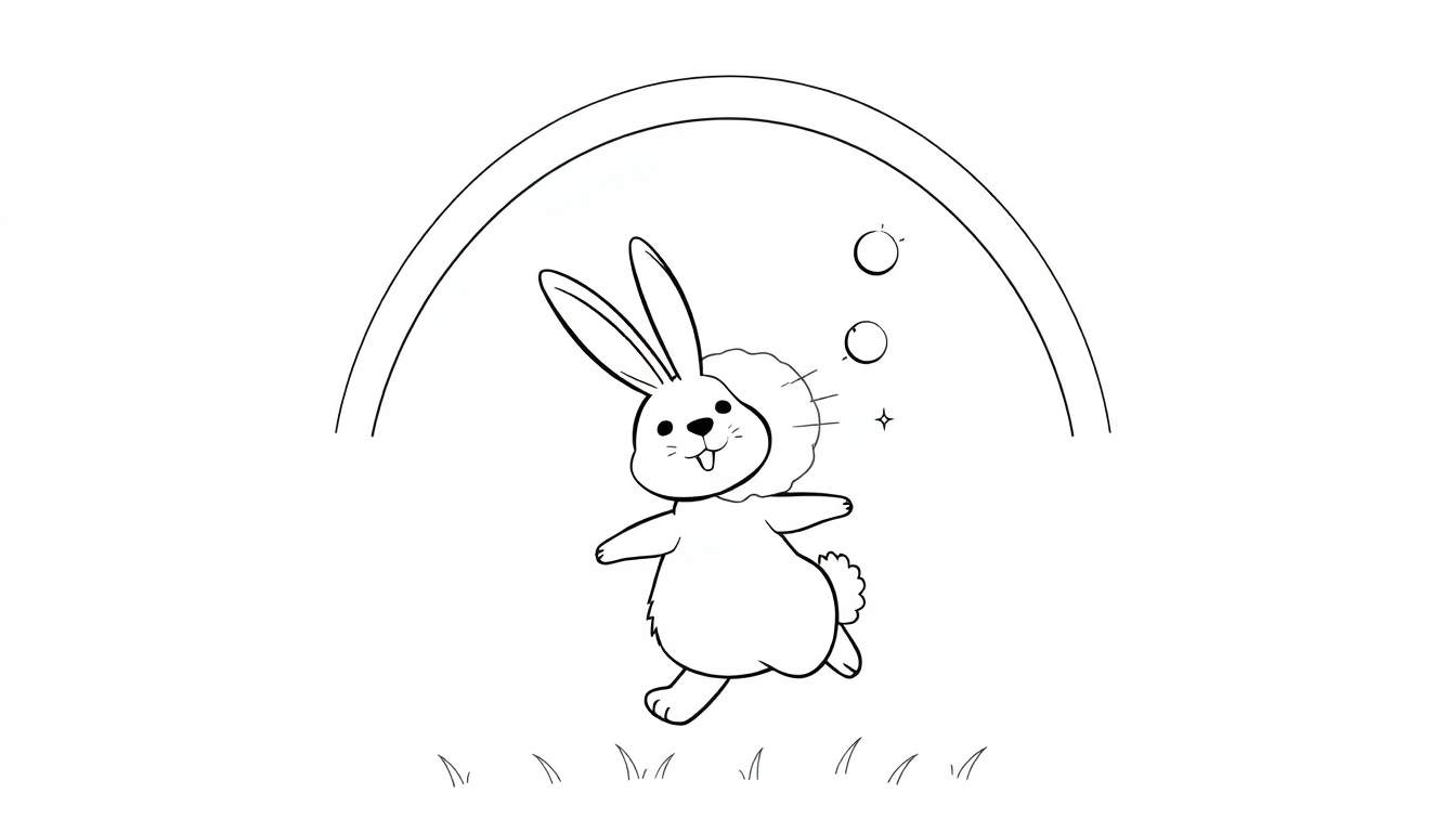 Dessin au trait d'un lapin de dessin animé joyeux sautant sous un arc-en-ciel, avec des cercles et des étoiles.
