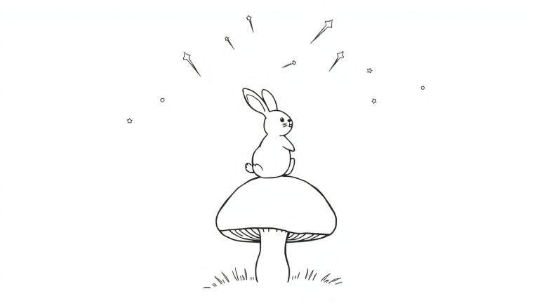 Dessin au trait d'un lapin mignon assis sur un champignon, entouré d'étoiles et de cercles, prêt à être colorié.