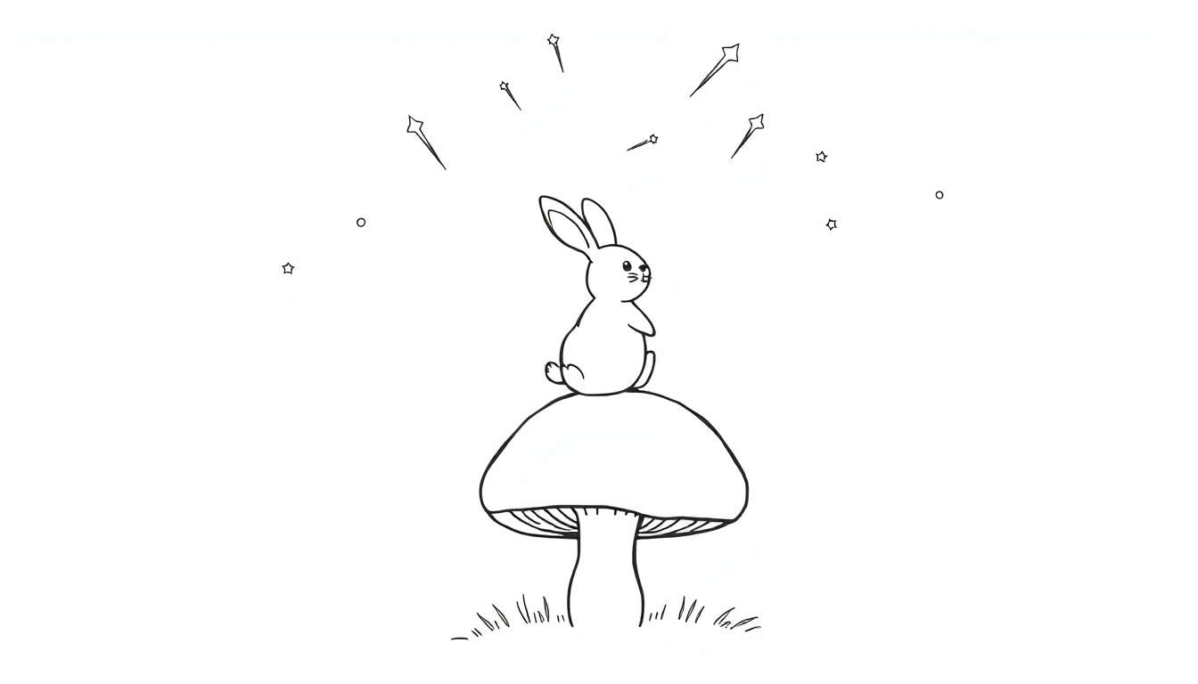 Dessin au trait d'un lapin mignon assis sur un champignon, entouré d'étoiles et de cercles, prêt à être colorié.