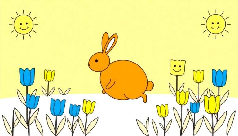 Image de coloriage d'un lapin orange courant dans un champ de tulipes bleues et jaunes, avec deux soleils souriants dans un ciel jaune.
