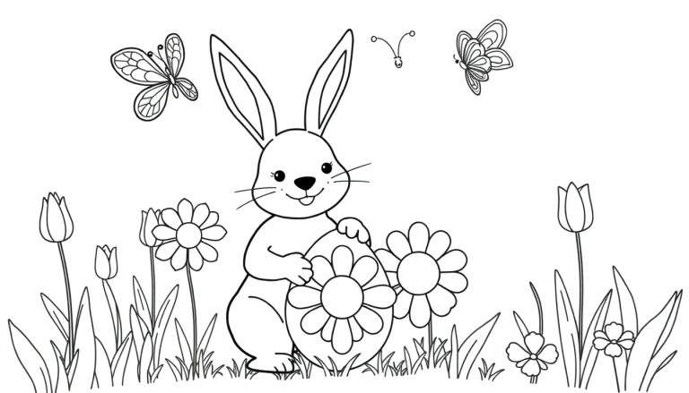 Dessin au trait d'un lapin de Pâques tenant un œuf décoré de fleurs, entouré de fleurs, de papillons et de marguerites.
