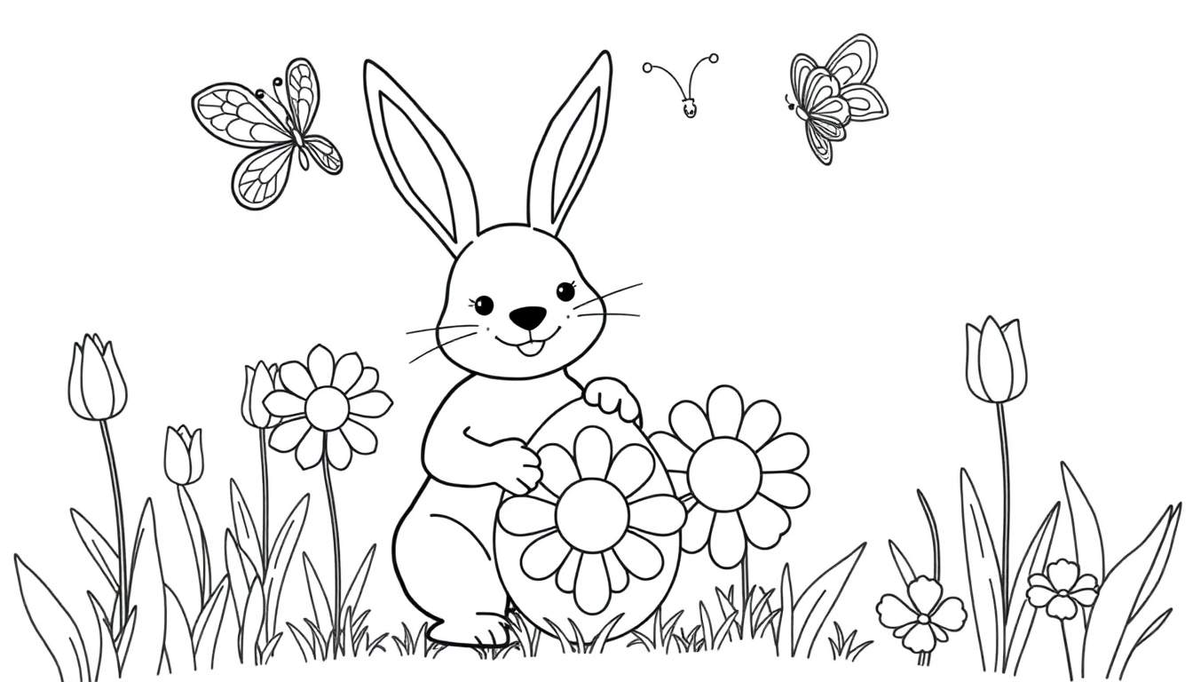 Dessin au trait d'un lapin de Pâques tenant un œuf décoré de fleurs, entouré de fleurs, de papillons et de marguerites.