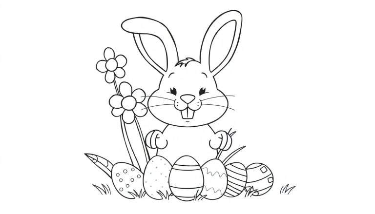 Dessin au trait d'un lapin de Pâques tenant des objets, entouré d'œufs décorés et de fleurs sur fond blanc.