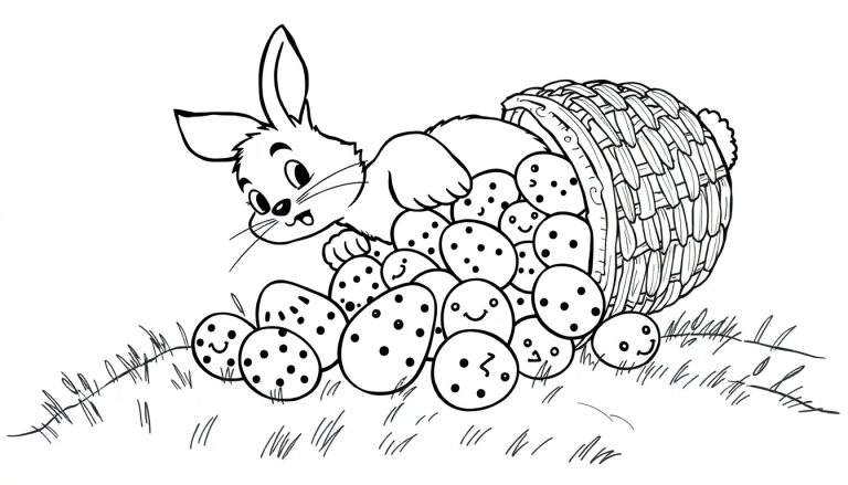 Coloriage d'un lapin de Pâques curieux assis à côté d'un grand panier rempli d'œufs de Pâques variés, certains décorés et d'autres avec des visages souriants, éparpillés sur l'herbe.