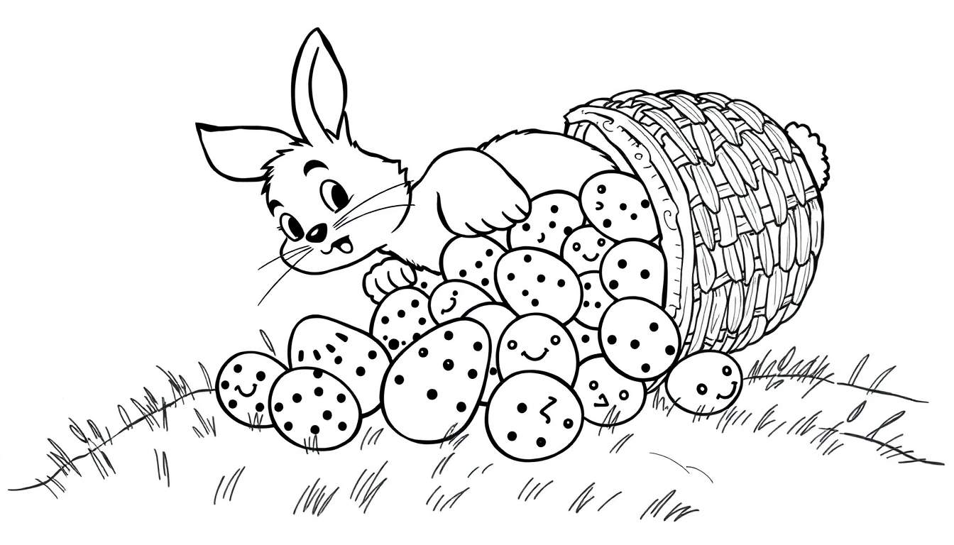 Coloriage d'un lapin de Pâques curieux assis à côté d'un grand panier rempli d'œufs de Pâques variés, certains décorés et d'autres avec des visages souriants, éparpillés sur l'herbe.