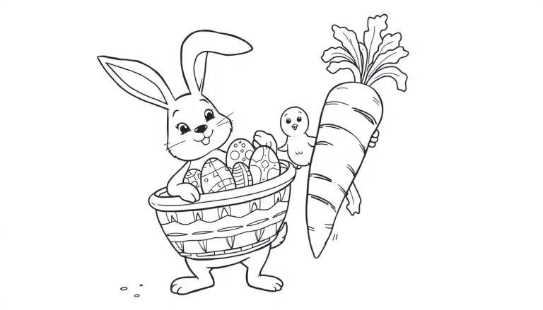 Coloriage d'un lapin de Pâques tenant un panier d'œufs et d'un poussin avec une carotte.