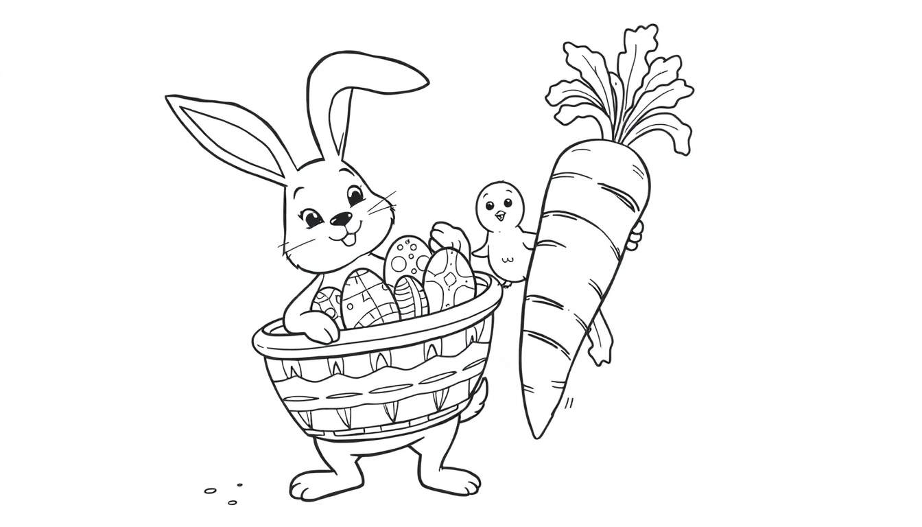 Coloriage d'un lapin de Pâques tenant un panier d'œufs et d'un poussin avec une carotte.