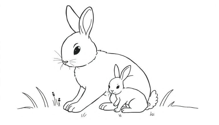 Dessin au trait noir et blanc d'une lapine et de son petit assis dans l'herbe, prêt à être colorié.