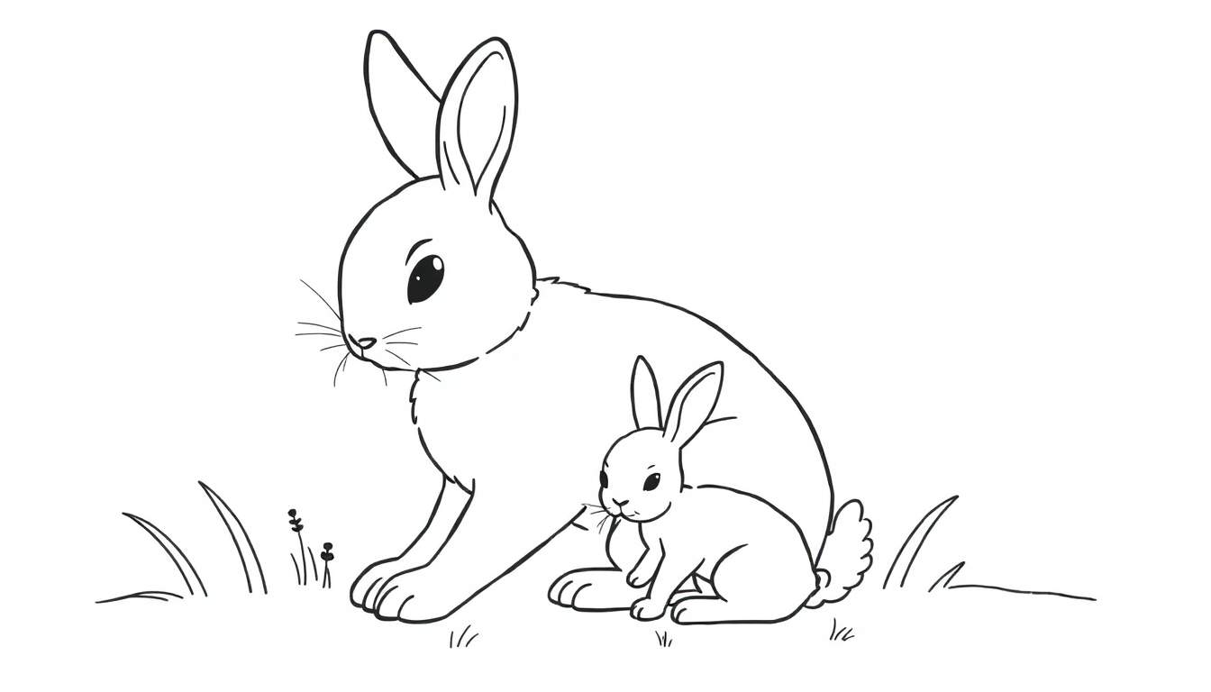 Dessin au trait noir et blanc d'une lapine et de son petit assis dans l'herbe, prêt à être colorié.
