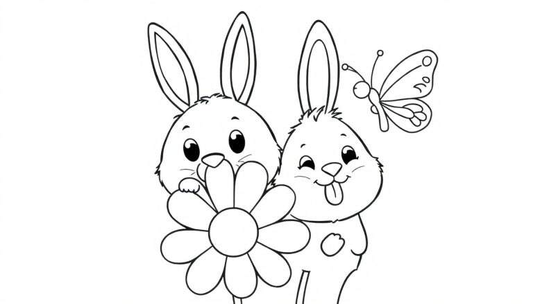 Coloriage de deux lapins dessinés en noir et blanc, l'un faisant une grimace, tenant une fleur, avec un papillon volant au-dessus.