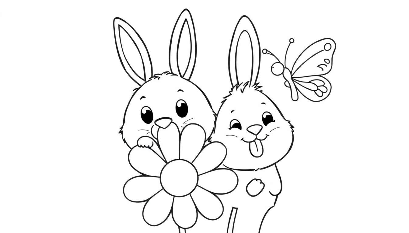 Coloriage de deux lapins dessinés en noir et blanc, l'un faisant une grimace, tenant une fleur, avec un papillon volant au-dessus.