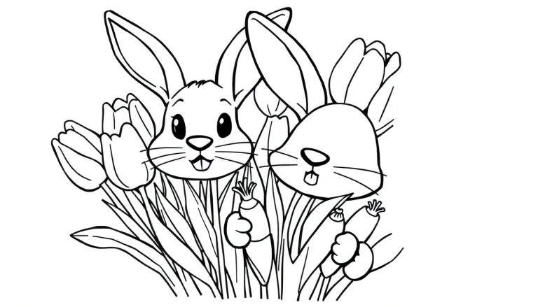 Coloriage de deux lapins joyeux avec des tulipes et une carotte.