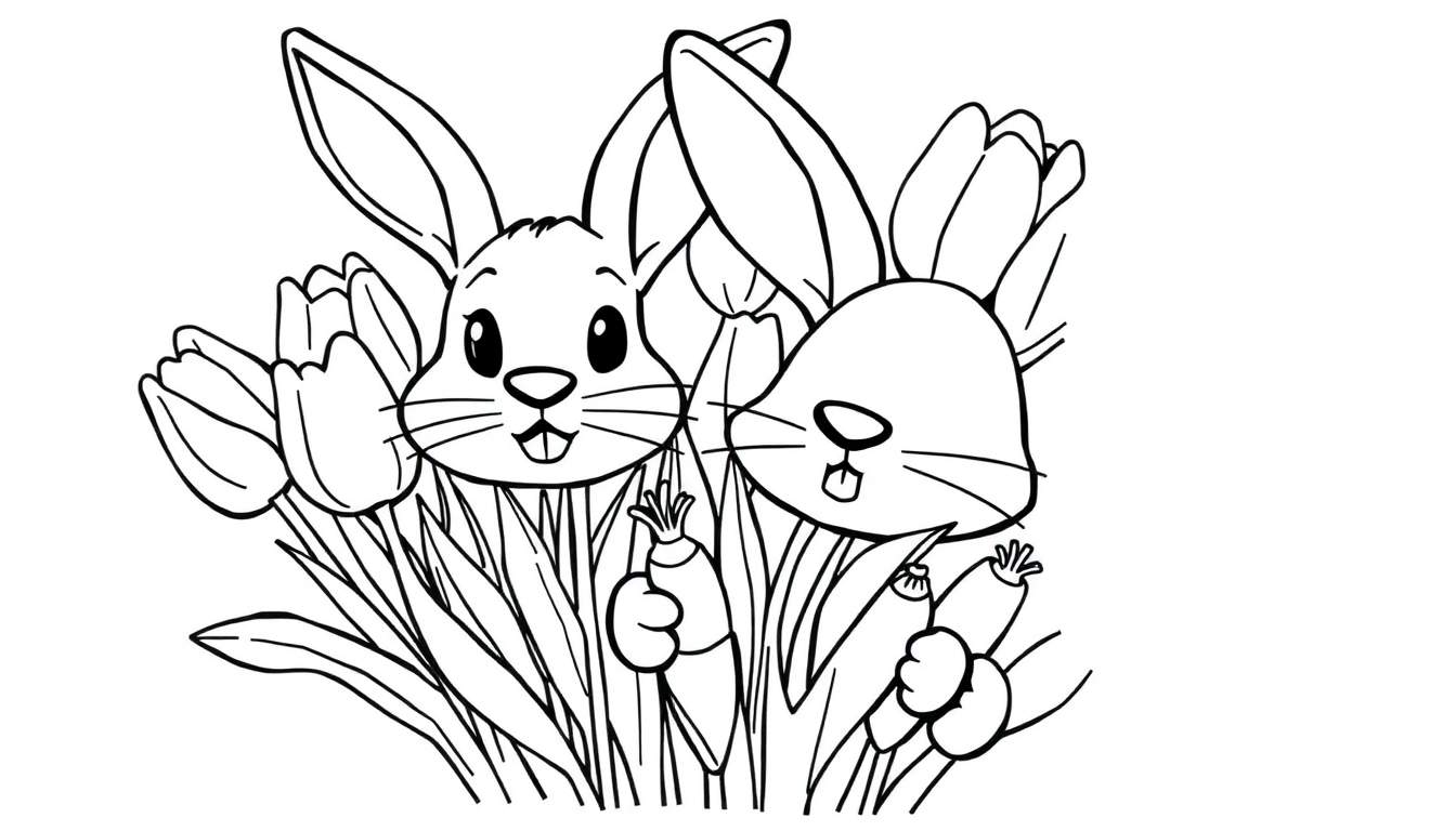 Coloriage de deux lapins joyeux avec des tulipes et une carotte.