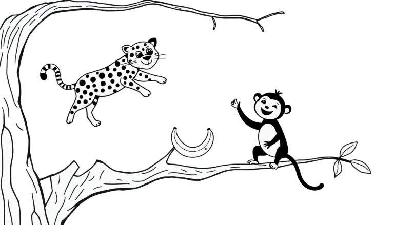 Dessin au trait d'un léopard noir et blanc sautant et d'un singe noir et blanc assis avec une banane, sur des branches d'arbres.