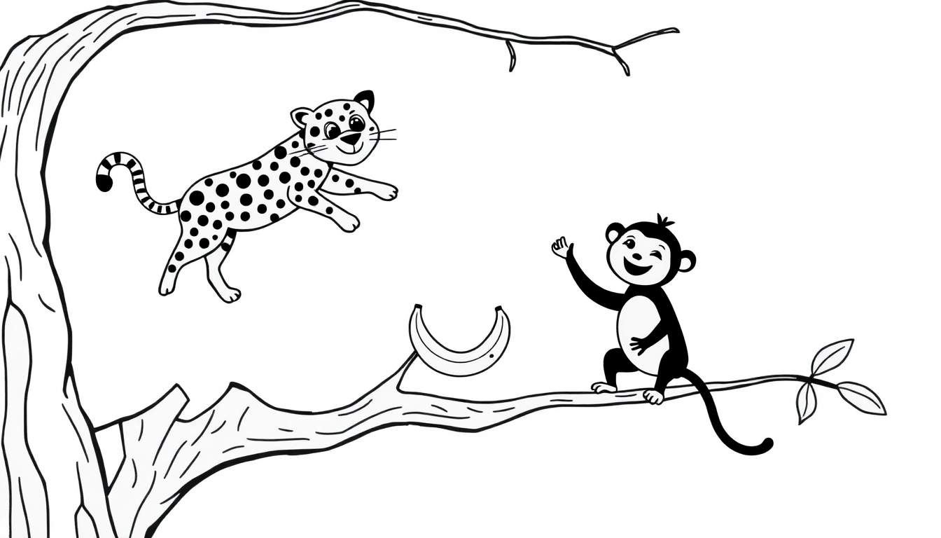 Dessin au trait d'un léopard noir et blanc sautant et d'un singe noir et blanc assis avec une banane, sur des branches d'arbres.