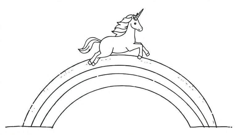 Dessin en noir et blanc d'une licorne galopant par-dessus un arc-en-ciel.