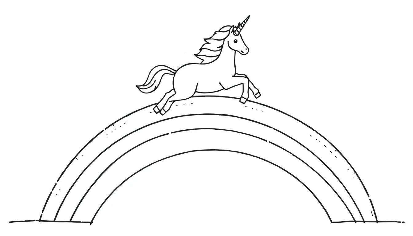 Dessin en noir et blanc d'une licorne galopant par-dessus un arc-en-ciel.