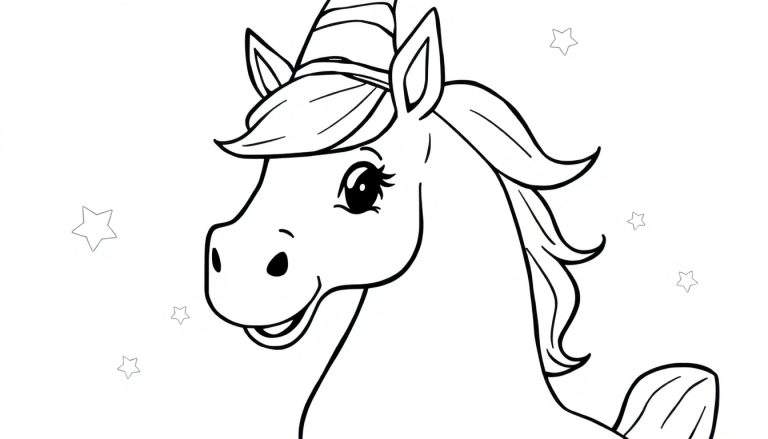 Dessin au trait d'une licorne souriante avec une crinière ondulée, une corne rayée et des étoiles en arrière-plan, prêt à être coloré.