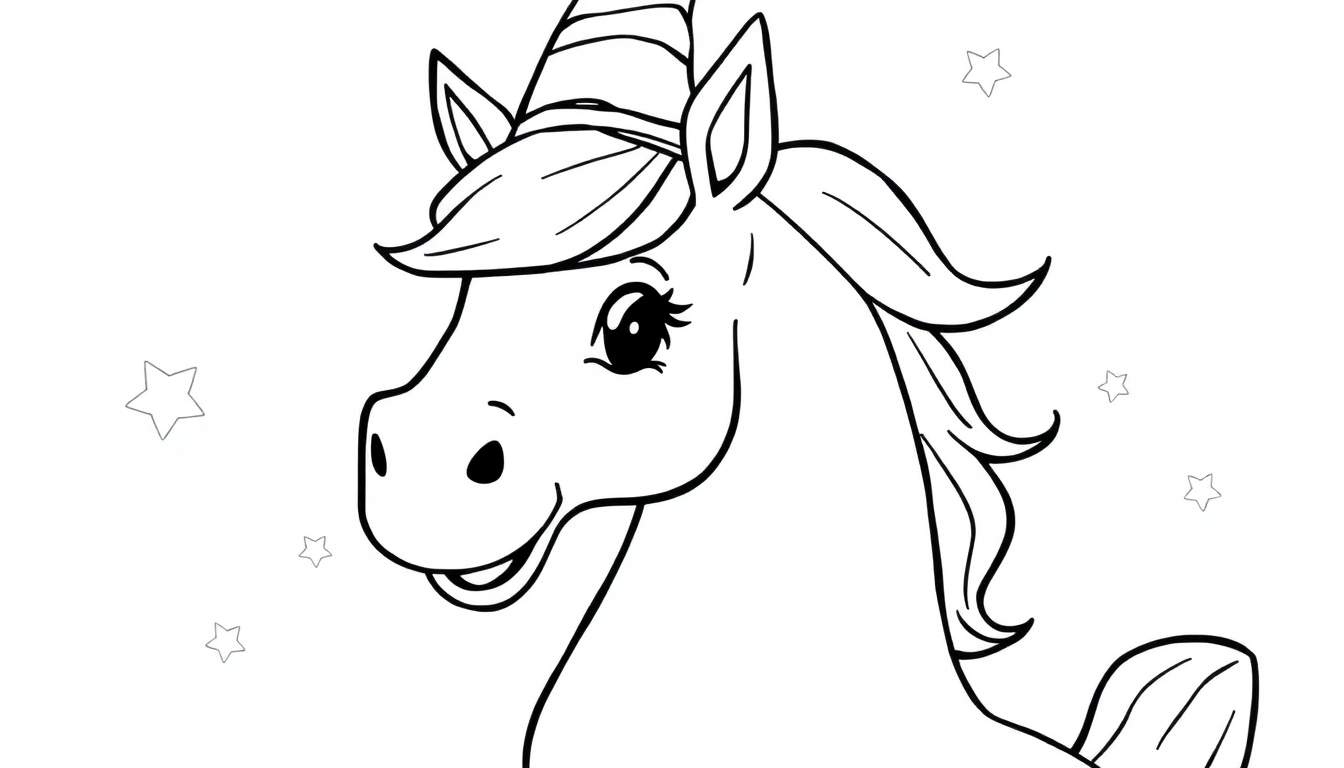 Dessin au trait d'une licorne souriante avec une crinière ondulée, une corne rayée et des étoiles en arrière-plan, prêt à être coloré.