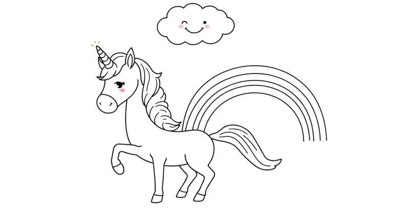 Dessin au trait d'une licorne blanche avec une corne, un nuage souriant et un arc-en-ciel.