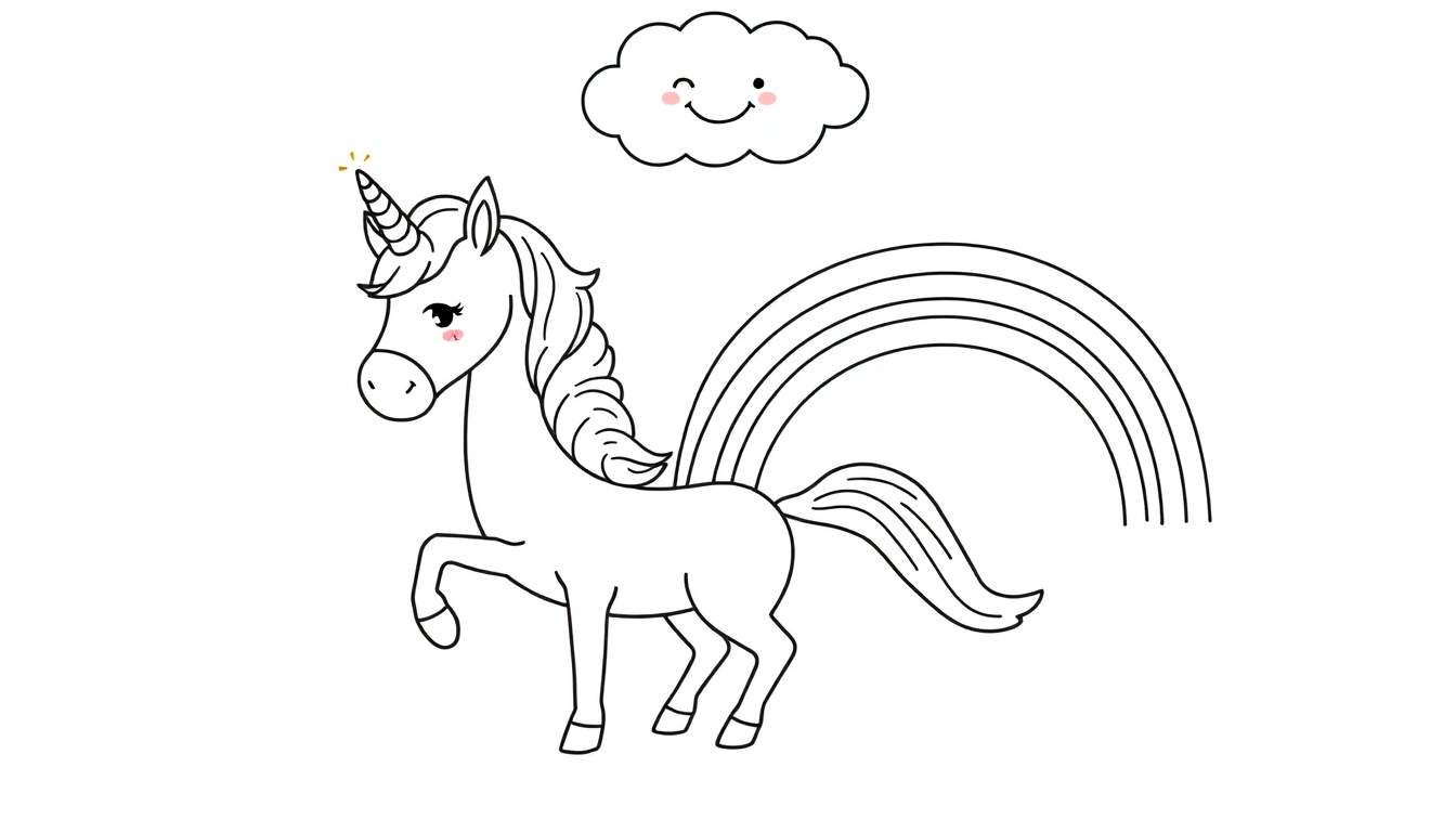 Dessin au trait d'une licorne blanche avec une corne, un nuage souriant et un arc-en-ciel.