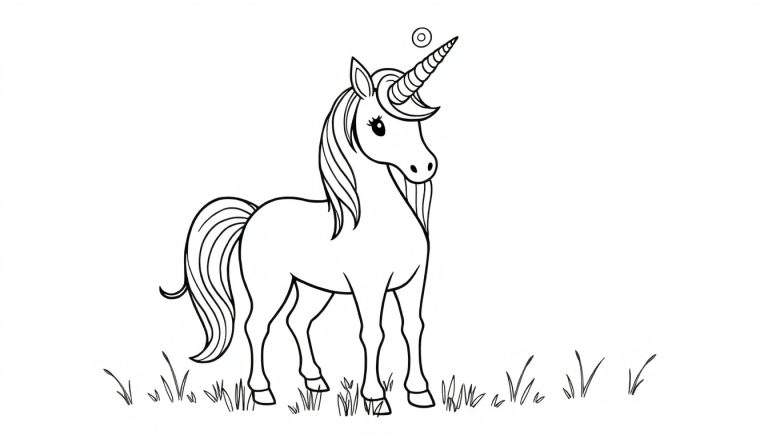 Dessin au trait d'un poney licorne se tenant dans l'herbe, avec une corne torsadée et une crinière ondulée.