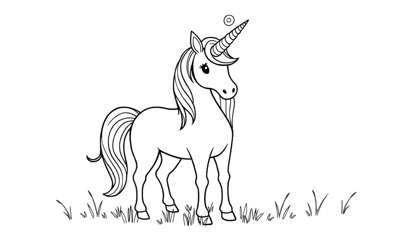 Dessin au trait d'un poney licorne se tenant dans l'herbe, avec une corne torsadée et une crinière ondulée.