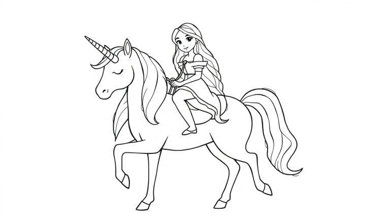 Coloriage d'une licorne blanche avec une longue crinière ondulée et une corne torsadée, portant une jeune femme aux longs cheveux assise sur son dos. Ils sourient joyeusement.