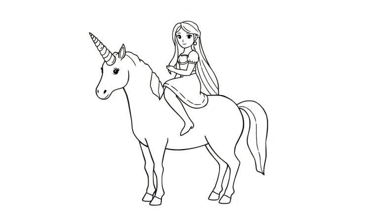 Dessin en noir et blanc d'une princesse aux longs cheveux assise sur le dos d'une licorne blanche avec une corne.