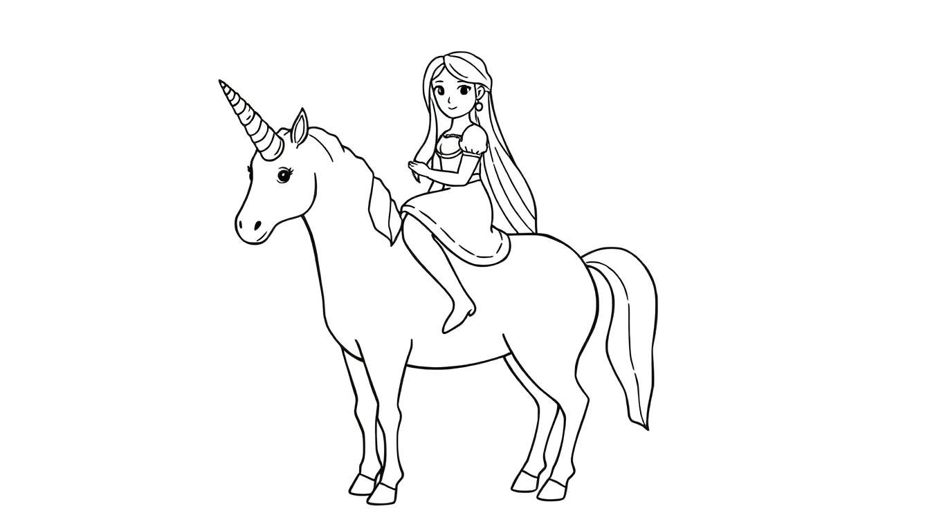 Dessin en noir et blanc d'une princesse aux longs cheveux assise sur le dos d'une licorne blanche avec une corne.