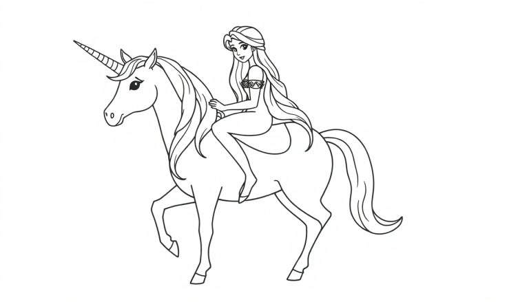 Dessin au trait noir et blanc d'une princesse aux longs cheveux flottants assise sur une licorne avec une corne.
