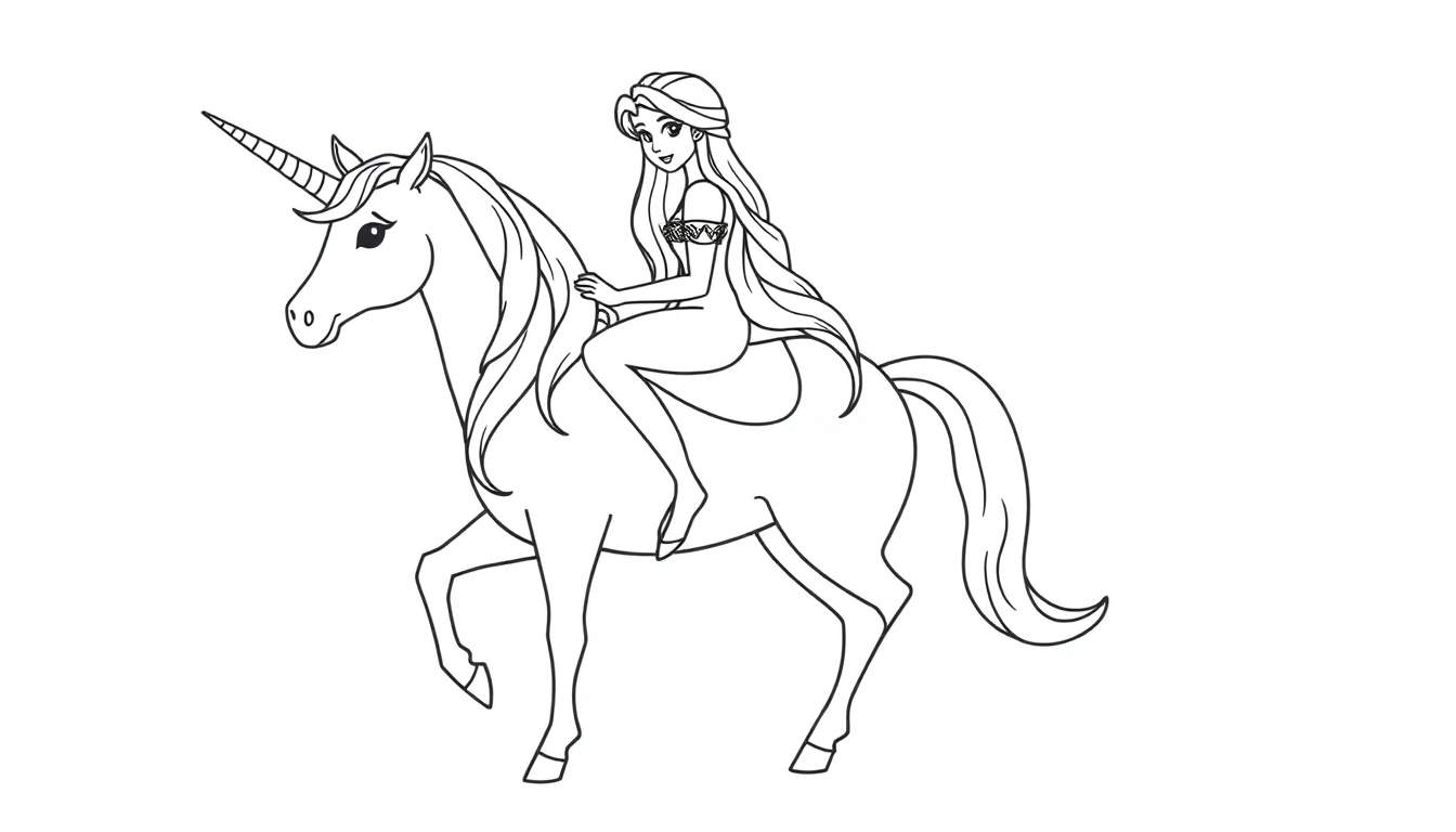 Dessin au trait noir et blanc d'une princesse aux longs cheveux flottants assise sur une licorne avec une corne.