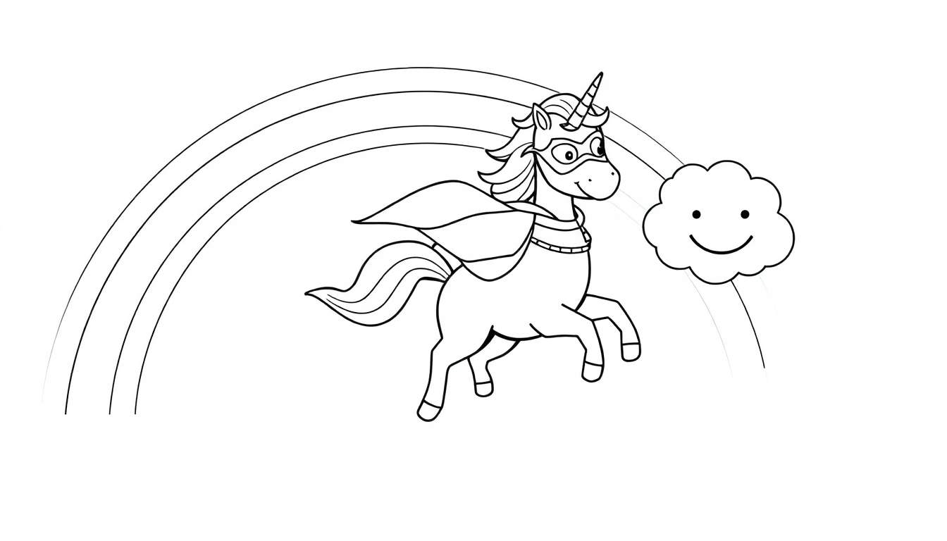 Dessin au trait d'une licorne super-héroïne courant sous un arc-en-ciel avec un nuage souriant.
