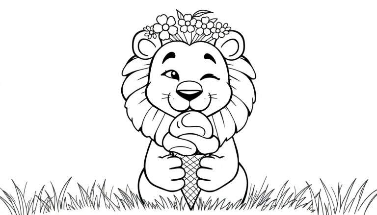 Dessin au trait noir et blanc d'un lion avec une couronne de fleurs, tenant une glace et faisant un clin d'œil, assis dans l'herbe.
