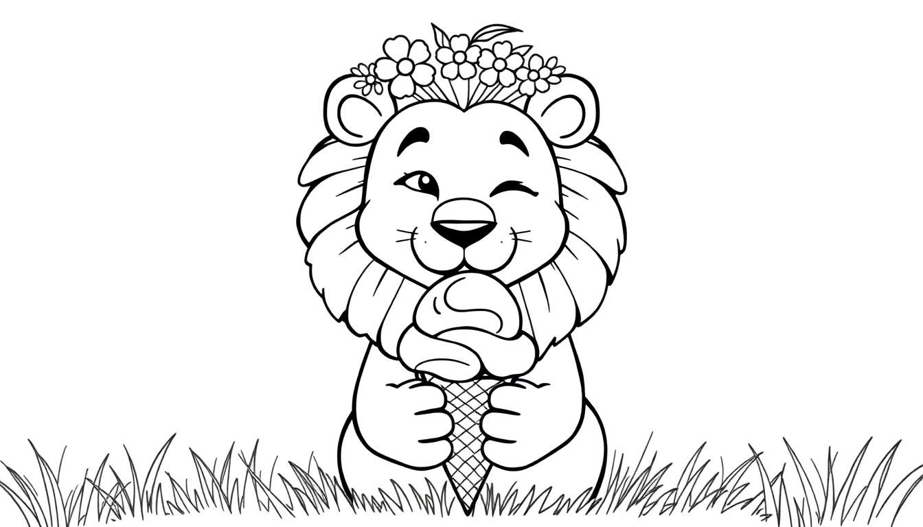 Dessin au trait noir et blanc d'un lion avec une couronne de fleurs, tenant une glace et faisant un clin d'œil, assis dans l'herbe.