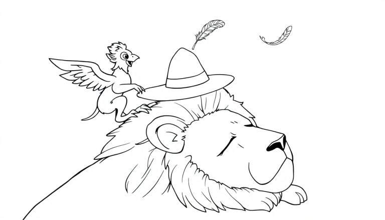 Dessin au trait à colorier d'un lion couché avec un chapeau, une créature ailée sur son dos et deux plumes dans le ciel.