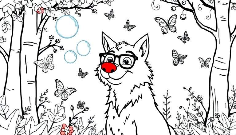 Dessin au trait d'un loup portant des lunettes, entouré de papillons et de feuillage, avec un nez rouge.