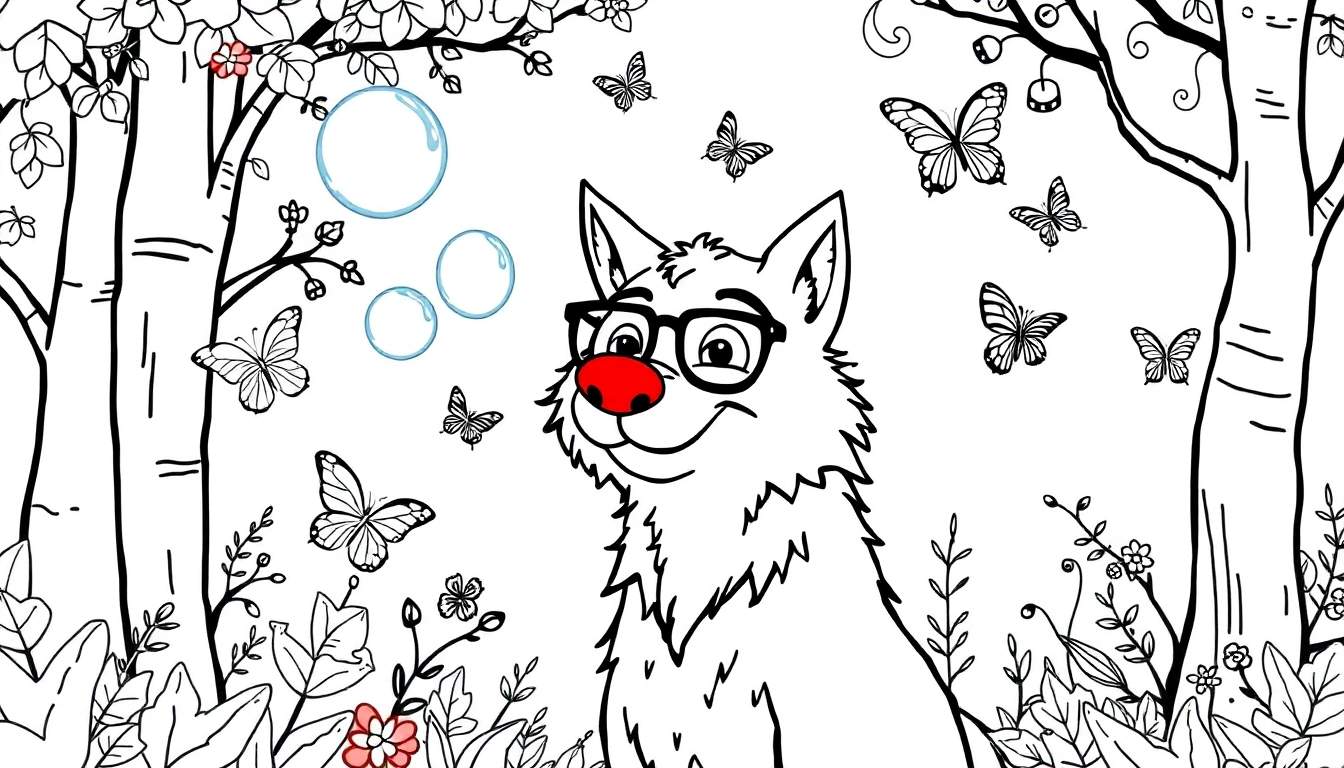 Dessin au trait d'un loup portant des lunettes, entouré de papillons et de feuillage, avec un nez rouge.