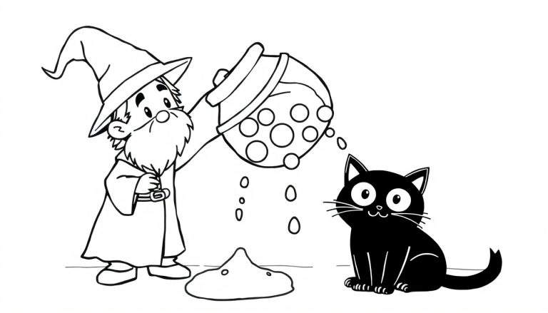 Dessin à colorier d'un magicien faisant une potion devant un chat noir curieux.