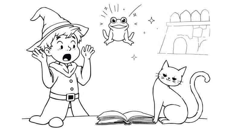 Dessin au trait noir et blanc d'un jeune garçon magicien aux mains levées et à la bouche ouverte, regardant une grenouille flottante entourée d'étoiles. Un chat assis à côté d'un livre ouvert sur une table, et un croquis de château dans le coin supérieur droit.