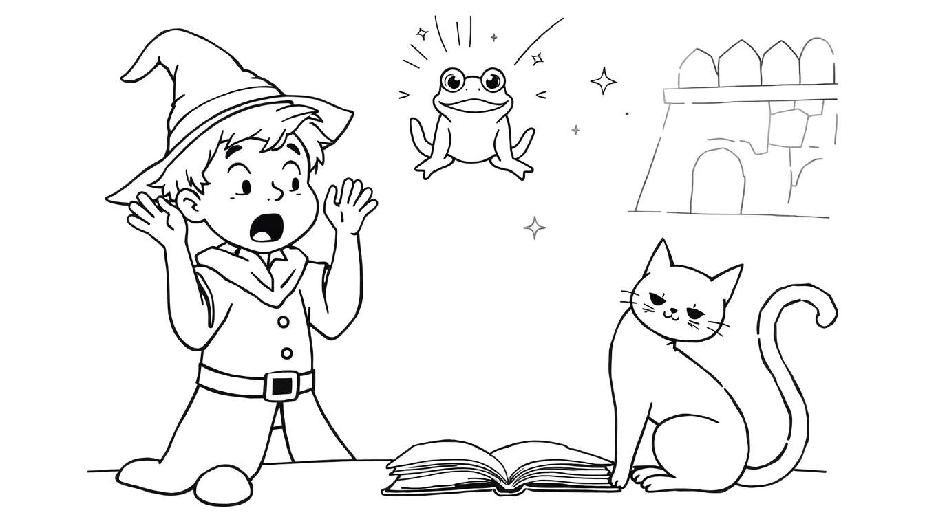 Dessin au trait noir et blanc d'un jeune garçon magicien aux mains levées et à la bouche ouverte, regardant une grenouille flottante entourée d'étoiles. Un chat assis à côté d'un livre ouvert sur une table, et un croquis de château dans le coin supérieur droit.