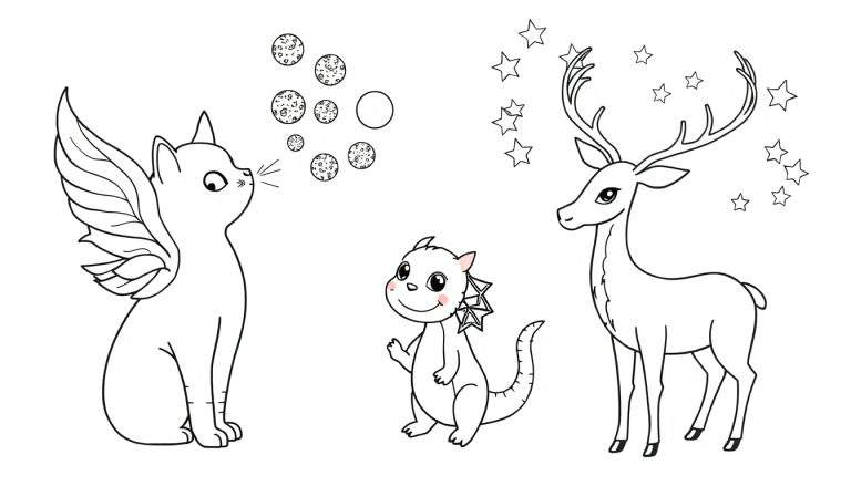 Dessin au trait noir et blanc d'un chat ailé soufflant des bulles planétaires, d'un petit dragon mignon levant la patte et d'un cerf majestueux avec des ramures étoilées.