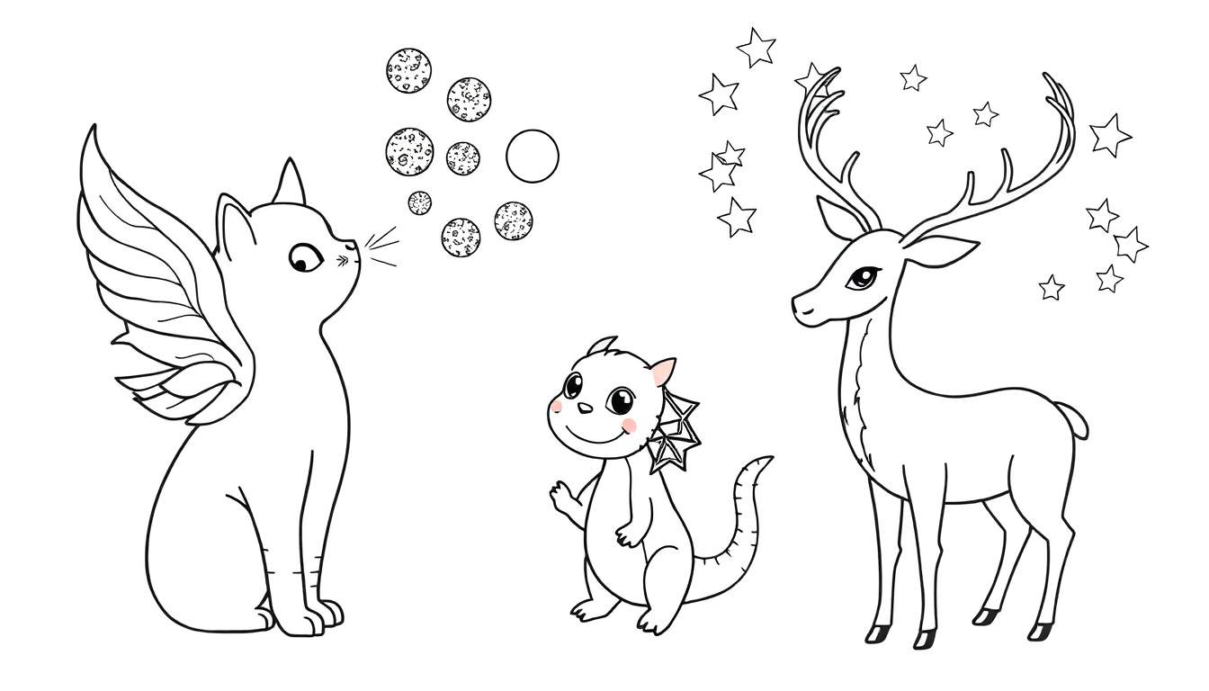 Dessin au trait noir et blanc d'un chat ailé soufflant des bulles planétaires, d'un petit dragon mignon levant la patte et d'un cerf majestueux avec des ramures étoilées.