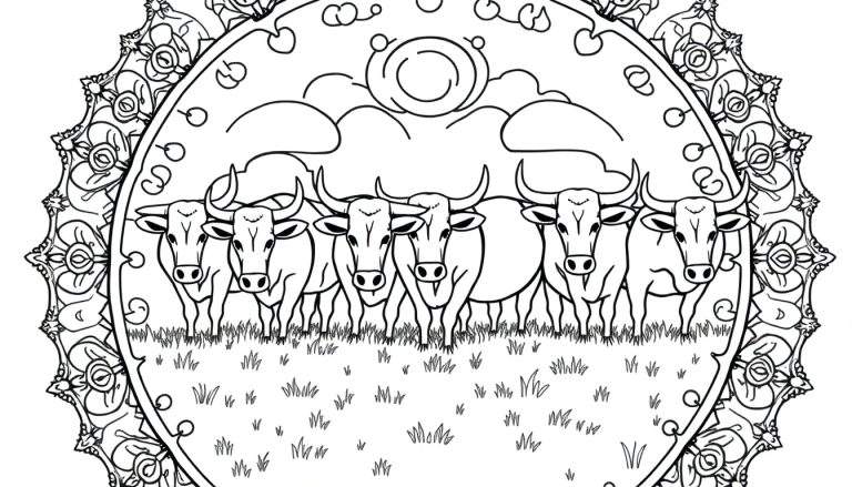Coloriage mandala avec des vaches au centre et des motifs floraux.