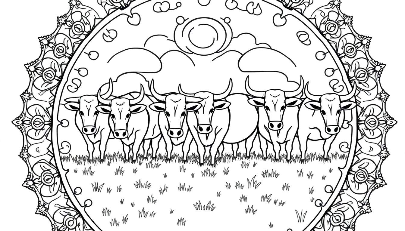 Coloriage mandala avec des vaches au centre et des motifs floraux.