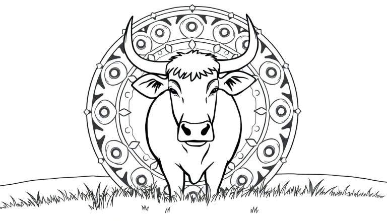 Dessin au trait d'un taureau fort devant un mandala ornemental, sur fond blanc avec de l'herbe en bas.